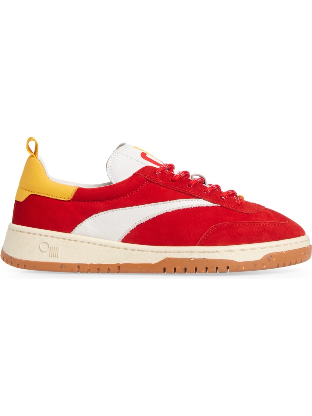 Women’s Red Suede Low-Top Sneakers with White & Yellow Accents